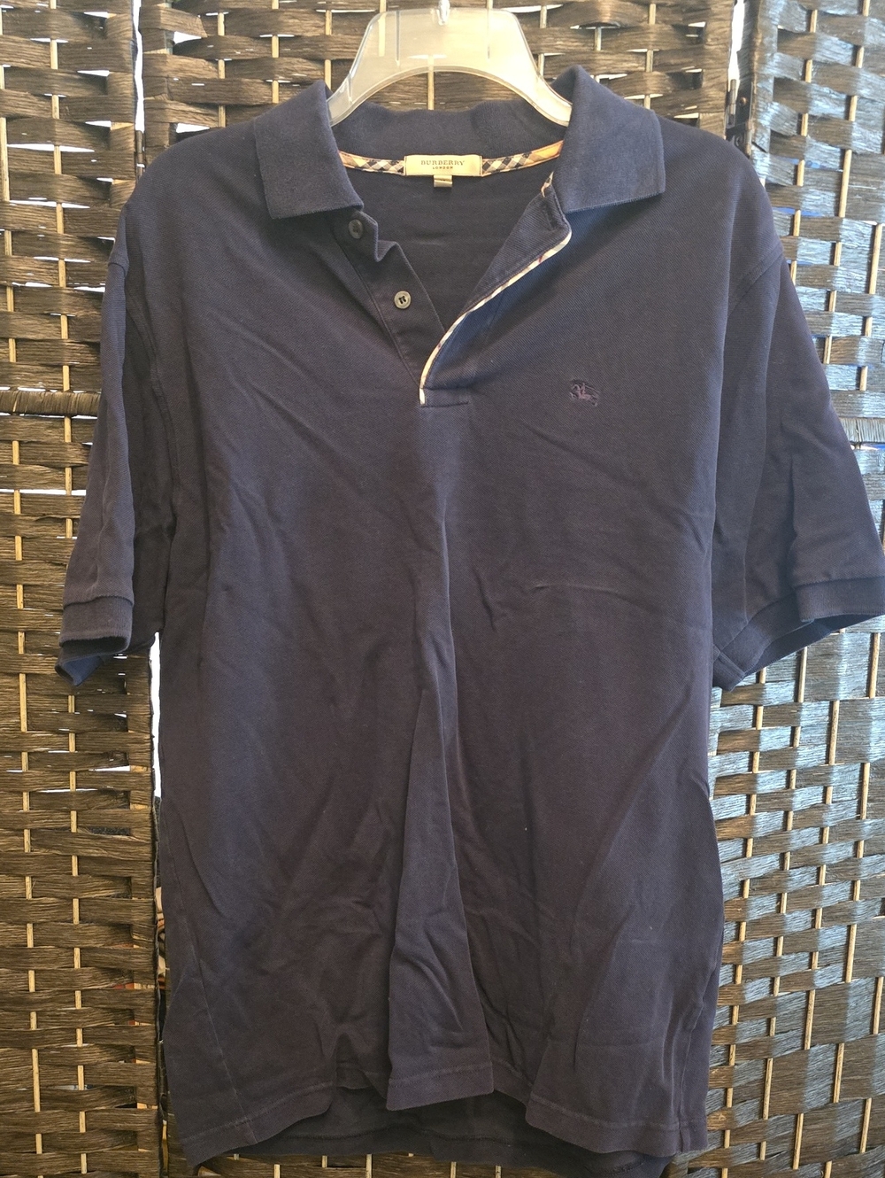 Vintage Burberry Men's Navy Polo Shirt with Signature Trim, Medium, EUC